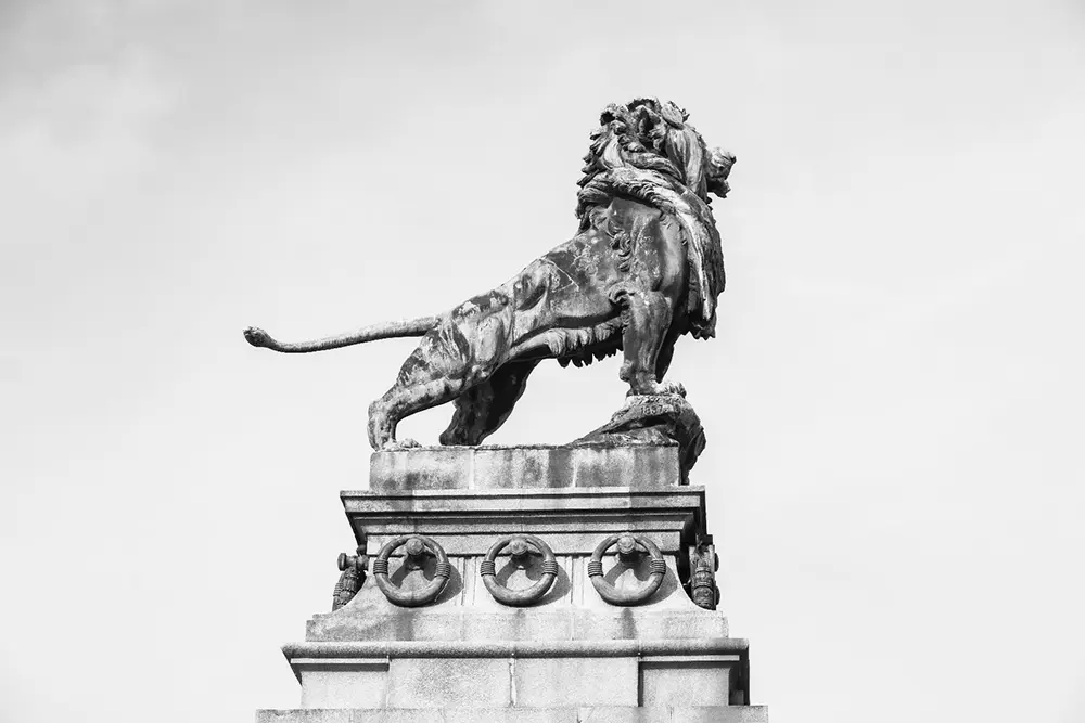 Black and white image of lion from the side made of stone overviewing the entrance of the bridge crossing the intake of the Danube Canal in Vienna as a metaphor about strong partnerships in international arbitration and litigation.